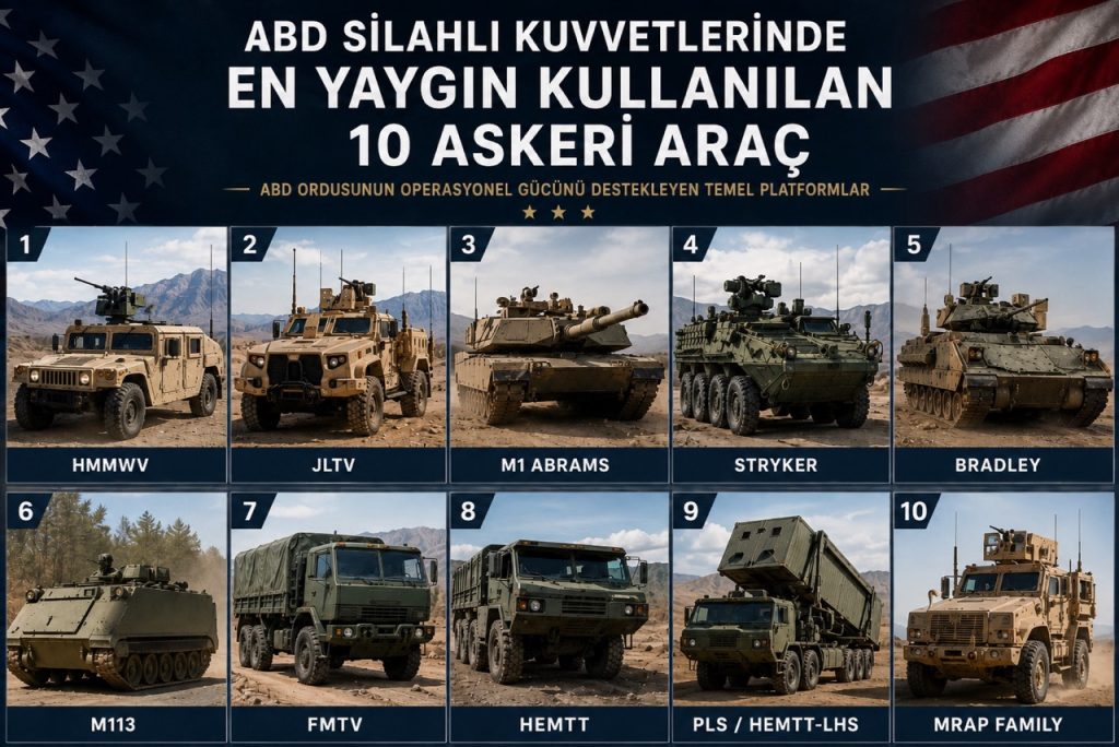 HMMWV, JLTV, M1 Abrams, Stryker, Bradley, M113, FMTV, HEMTT, PLS ve MRAP araçlarını bir arada gösteren profesyonel askeri araç kolajı; ABD ordusunun taktik hareket kabiliyeti, zırhlı muharebe gücü, lojistik desteği ve filo sürdürülebilirliğini temsil etmektedir.
