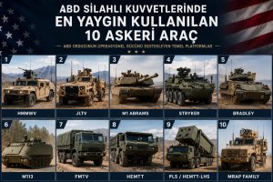 HMMWV, JLTV, M1 Abrams, Stryker, Bradley, M113, FMTV, HEMTT, PLS ve MRAP araçlarını bir arada gösteren profesyonel askeri araç kolajı; ABD ordusunun taktik hareket kabiliyeti, zırhlı muharebe gücü, lojistik desteği ve filo sürdürülebilirliğini temsil etmektedir.