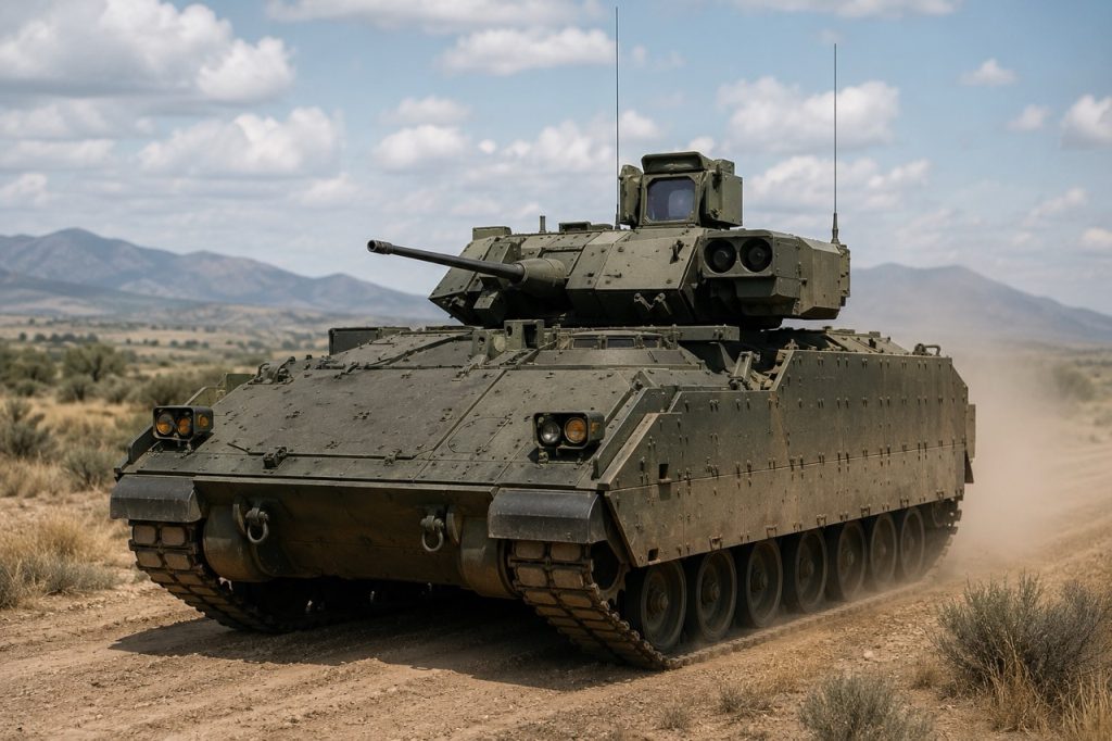 Bradley Fighting Vehicle zırhlı muharebe aracı, engebeli arazide taktik görev icra ederken görüntülenmektedir. Gelişmiş zırh koruması, yüksek hareket kabiliyeti ve piyade destek kapasitesiyle ABD Ordusunun modern mekanize birlik operasyonları, filo hazırlığı ve savunma lojistiğinde kritik rol oynayan profesyonel askeri araç.