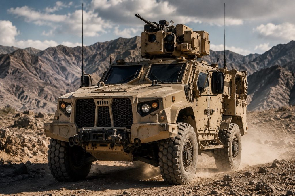 Çöl arazisinde görev yapan Joint Light Tactical Vehicle (JLTV); gelişmiş zırh koruması, yüksek arazi kabiliyeti ve modern taktik operasyonlar için tasarlanmış çok amaçlı ABD askeri aracını göstermektedir.