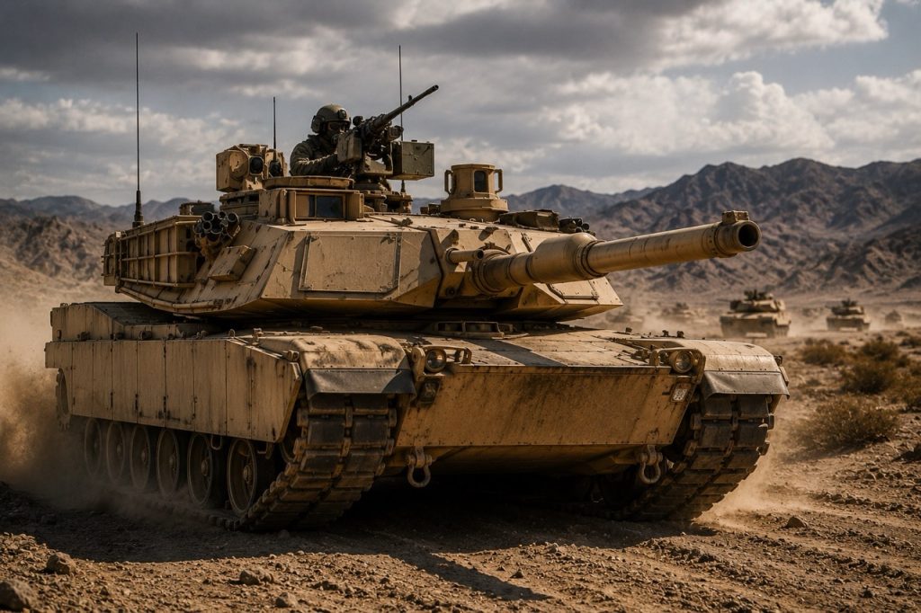 Zorlu arazi koşullarında ilerleyen M1 Abrams ana muharebe tankı; üstün ateş gücü, gelişmiş zırh koruması ve yüksek hareket kabiliyetiyle ABD Ordusunun modern zırhlı savaş yeteneklerini temsil etmektedir.