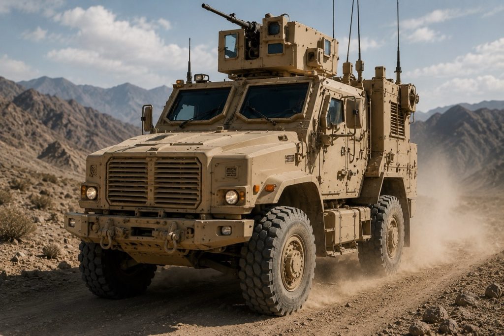 Çöl ortamında görev yapan MRAP zırhlı aracı; V tipi gövde yapısı, ağır zırh sistemi ve mayın ile el yapımı patlayıcılara karşı geliştirilmiş koruma özellikleriyle ABD askeri devriye ve güvenlik operasyonlarını desteklemektedir.
