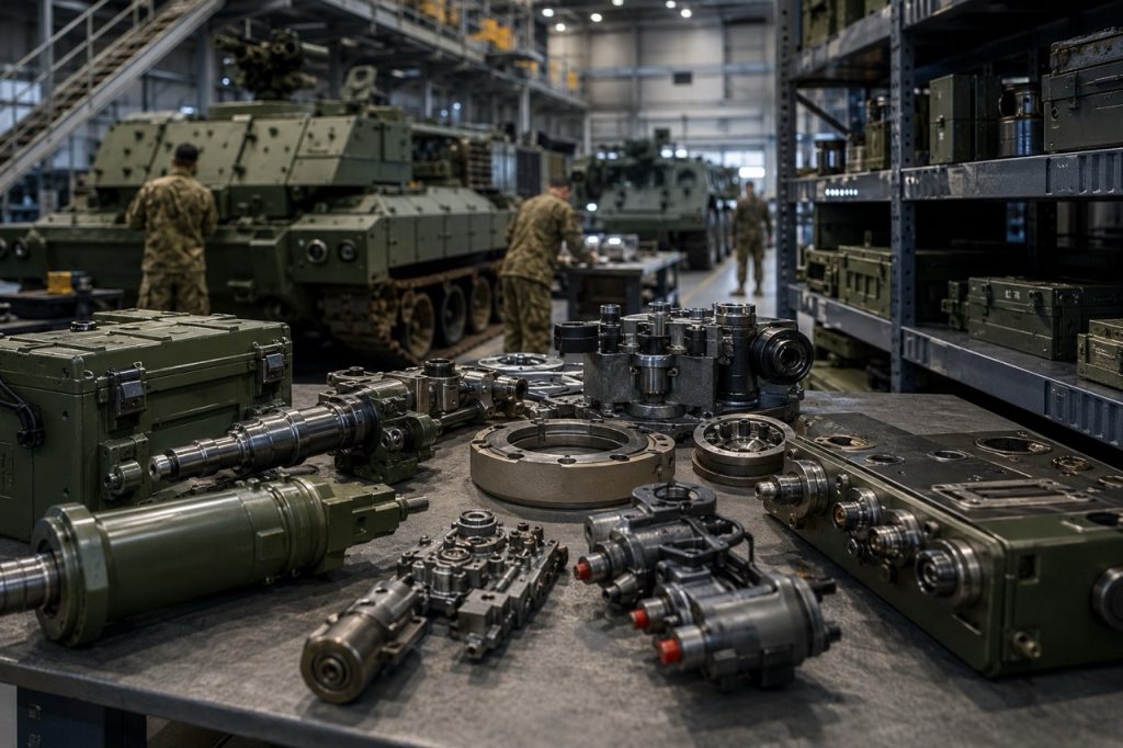 Sahada görev yapan HMMWV, Leopard 2 ana muharebe tankı ve M113 zırhlı personel taşıyıcı; askeri yedek parça tedarik zinciri, teslim süresi riski ve filo sürdürülebilirliği zorluklarını temsil etmektedir