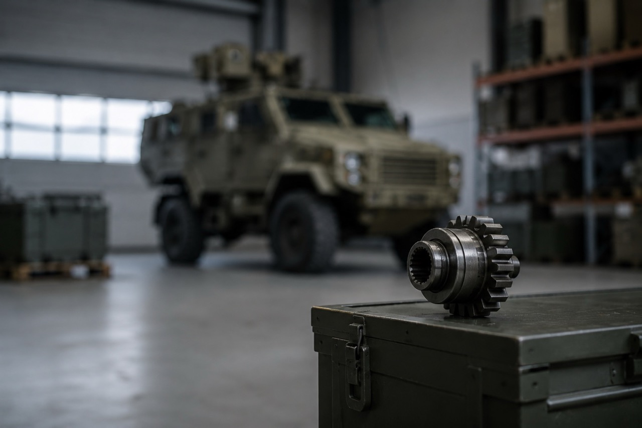Arka planda bulanık bir taktik askeri araç bulunan, yüksek hassasiyetli metal dişli bileşeninin yakın plan görüntüsü; askeri yedek parça tedariki, savunma lojistiği ve filo sürdürülebilirliği kavramlarını temsil etmektedir.
