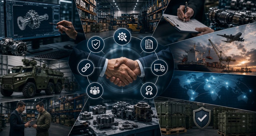 Elektronik kartlar, hassas işlenmiş mekanik parçalar, depo envanterleri, üretim süreçleri ve zırhlı araçlar ile askeri araç filolarında bileşen eskimesi, tedarik zinciri riskleri ve uzun dönem filo sürdürülebilirliğini anlatan profesyonel savunma sanayi görseli.