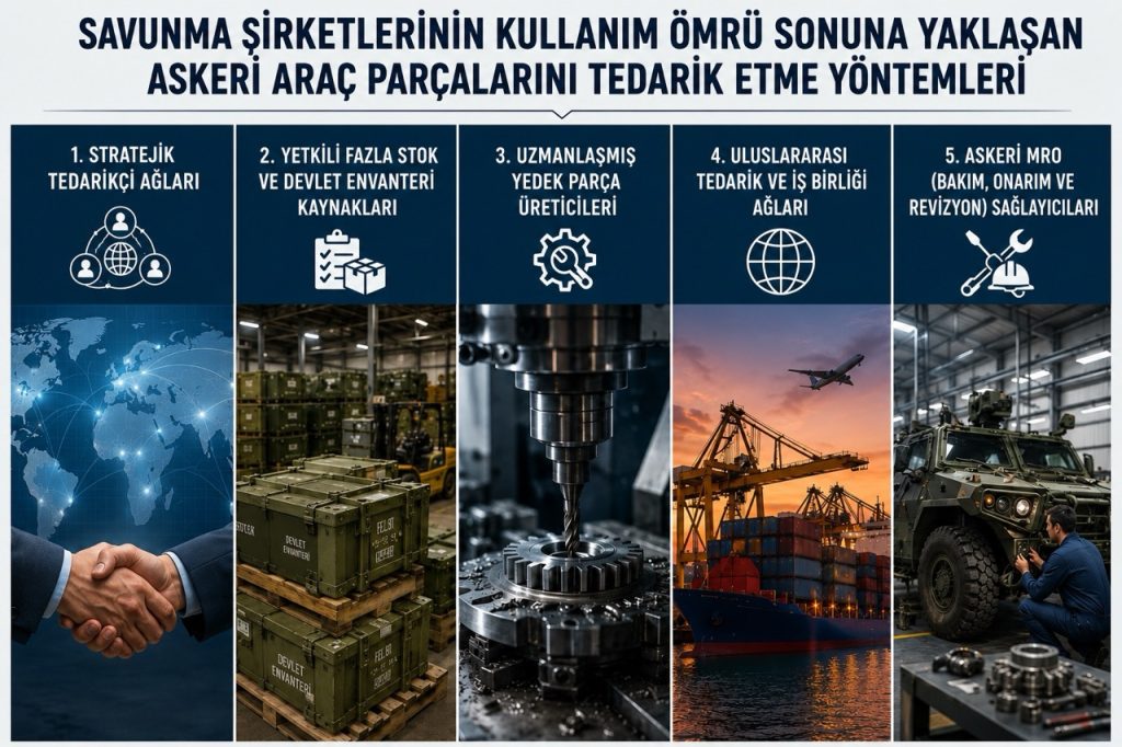 Savunma sanayine yönelik CNC işleme, döküm, dövme, eklemeli imalat, malzeme sertifikasyonu ve kalite kontrol uygulamalarını gösteren, eski askeri araç bileşenlerinin sonrası üretimine odaklanan profesyonel endüstriyel görsel.