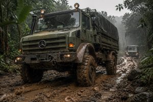 Mercedes-Benz Unimog taktik aracı, çamurlu ve yüksek nemli orman arazisinde görev yaparken zorlu çevre koşullarına dayanıklılığını ve düzenli bakımın önemini gösteriyor.