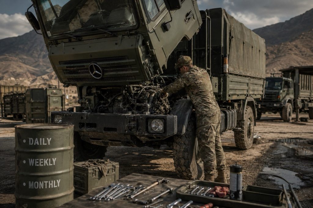 İleri operasyon üssünde bakım ekibi, Mercedes-Benz Unimog askeri aracında şanzıman, aktarma organları ve diğer kritik sistemler üzerinde planlı periyodik bakım gerçekleştiriyor.
