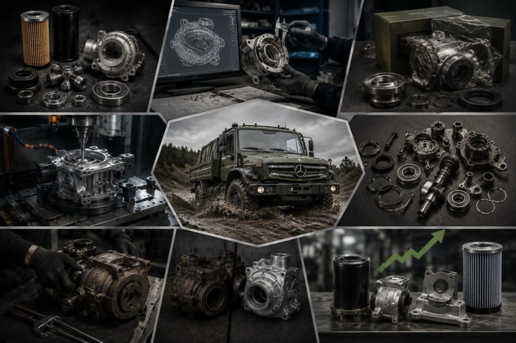Askeri Unimog'un şanzıman, transfer kutusu, diferansiyel ve aks bileşenlerini gösteren, yüksek değerli güç aktarma sistemlerine odaklanan teknik görsel.