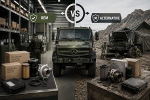 Fren sistemi, direksiyon, portal aks, süspansiyon ve aktarma organları gibi görev açısından kritik bileşenleri gösteren askeri Mercedes Unimog görseli.