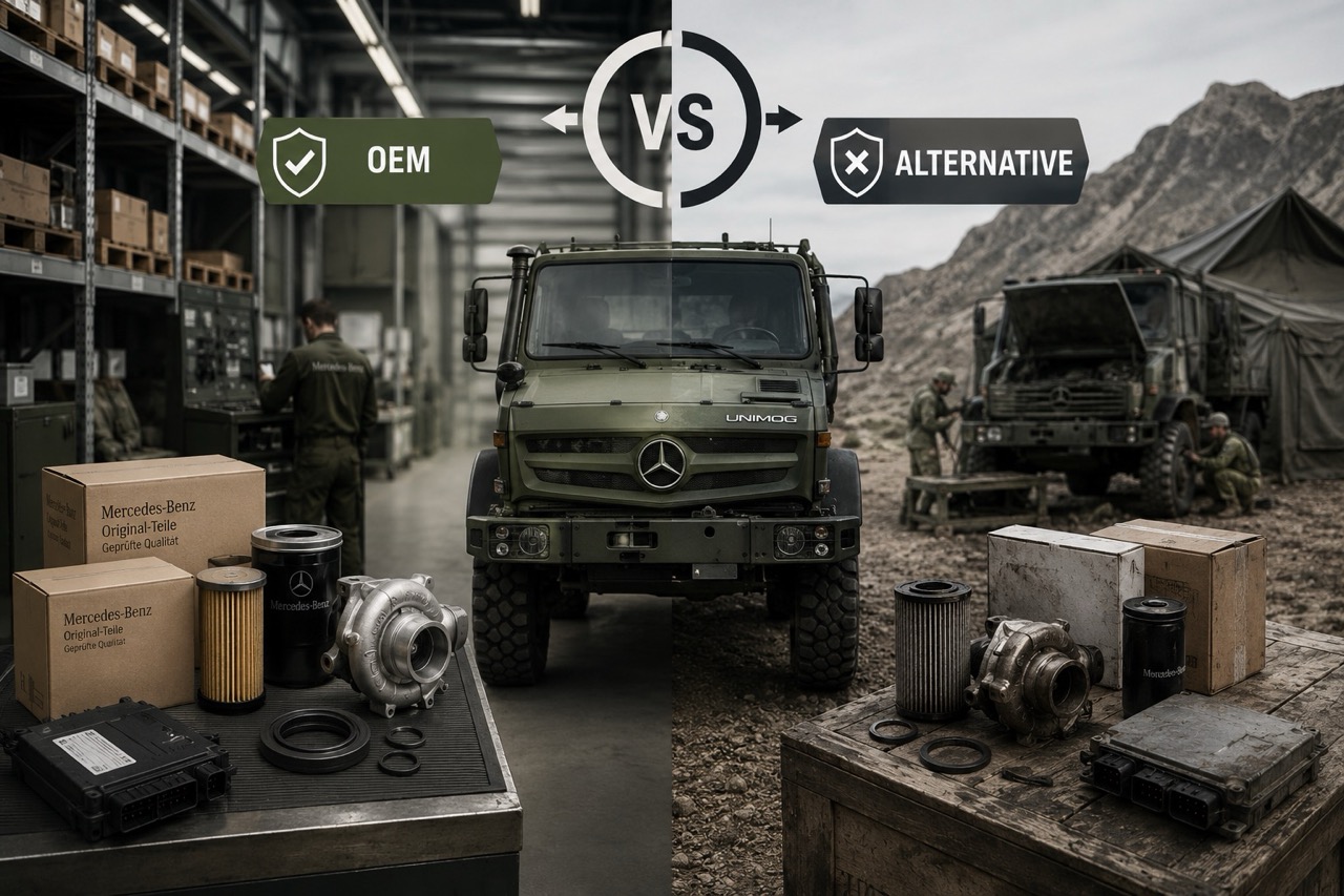 Fren sistemi, direksiyon, portal aks, süspansiyon ve aktarma organları gibi görev açısından kritik bileşenleri gösteren askeri Mercedes Unimog görseli.