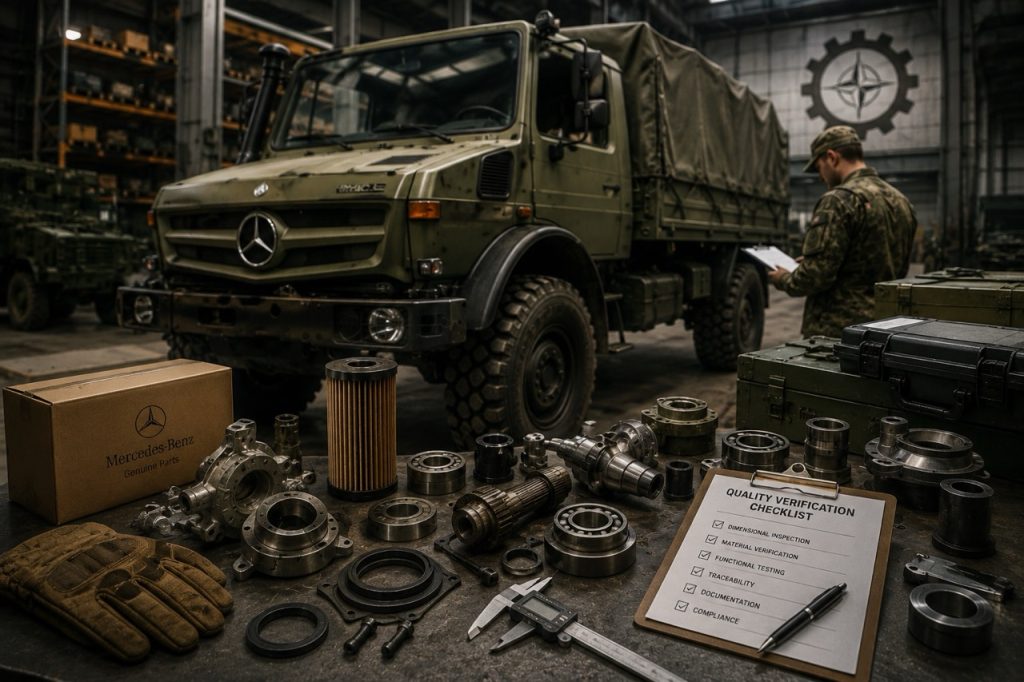 Fren balataları, rulmanlar, keçeler, burçlar ve debriyaj bileşenleri gibi periyodik bakımda kullanılan aşınan Unimog parçalarını gösteren görsel.